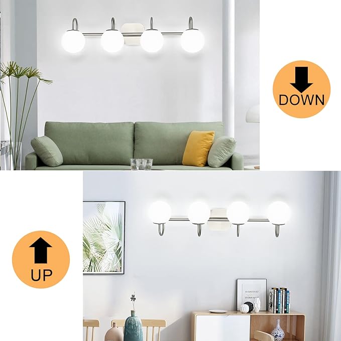 Mid Century Modern Brushed Nickel Bathroom Vanity Light Fixtures 4 Lights Milky Glass Wall Lighting Bath Vanity Lights Over Mirror (Exclude G9 Bulb)