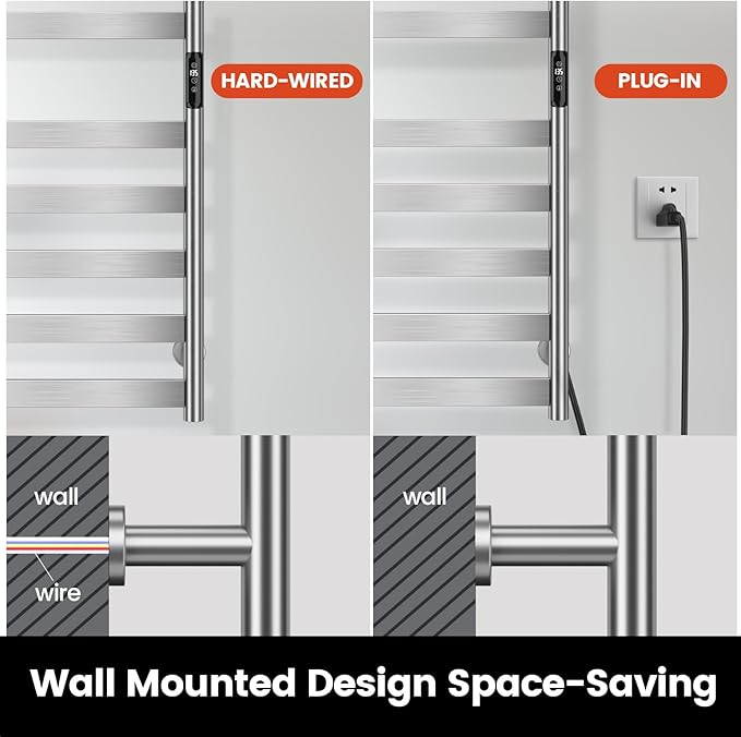 Electric Towel Warmer Rack, 10-Bar Stainless Steel Heated Tower Rack with Built-in Timer, Wall Mounted, Plug-in/Hardwired (Silver)