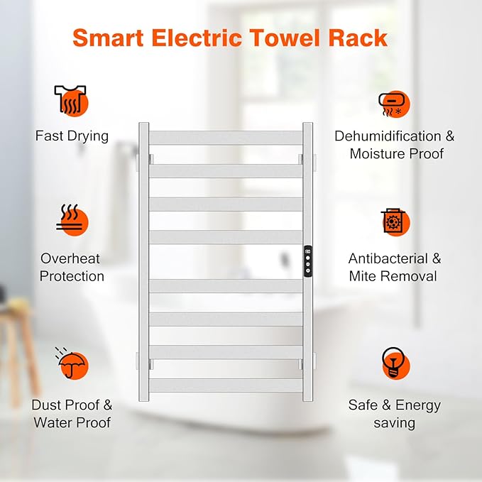 Towel Warmer, Towel Heater Rack for Bathroom, 8-bar Electric Towel Dryer Wall-Mounted Plug-in Bath Heater, 304 Stainless Steel Hot Towel Rack with Timer and Smart Temperature Control
