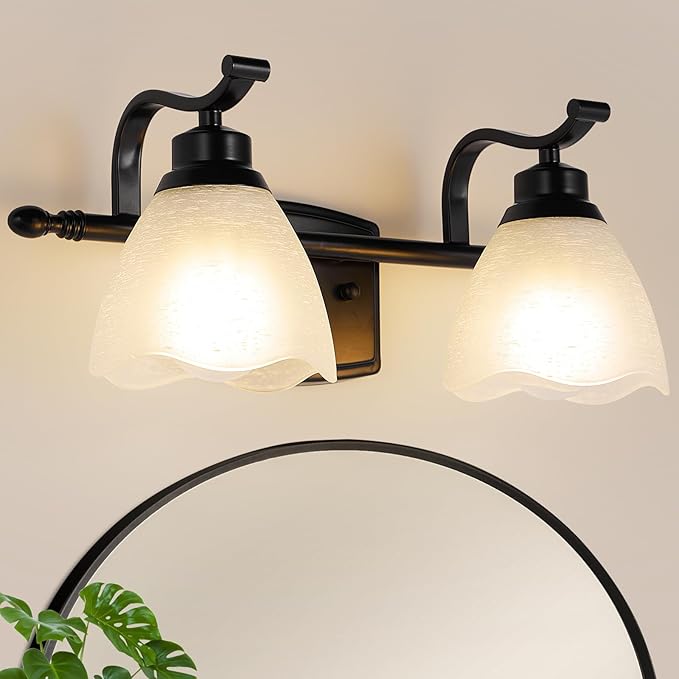 Bathroom Light Fixtures (2-Light, 15 Inch), Matte Black Vanity Lights for Bathroom with White Frosted Glass Shade, Modern Vanity Wall Lights for Mirror Bedroom Living Room Hallway