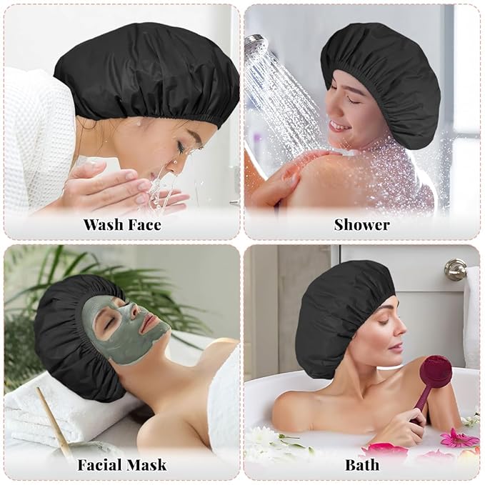 3 Pack Reusable Shower Cap for Women, Waterproof Hair Cap for Shower and Bath, Large Bath Cap for Long Thick Hair