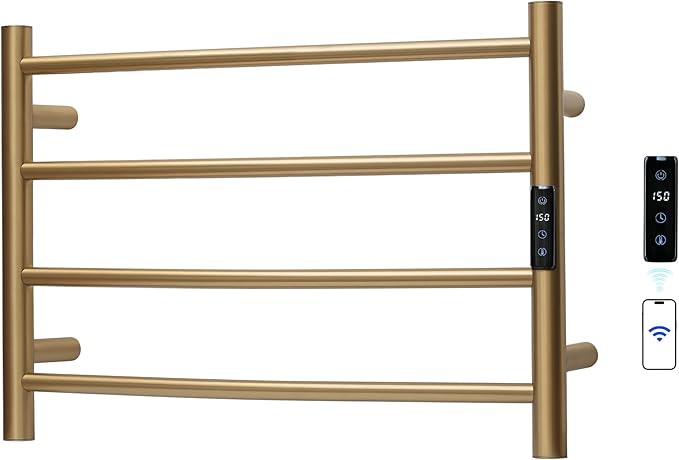 Electric Towel Rack with Voice Control for Alexa & Google Home,TUYA - Wall-Mounted Bathroom Heating Towel Warmer,Plug-in,Stainless Steel Material,16.54x23.62x5.51 in,Gold，4 Bars