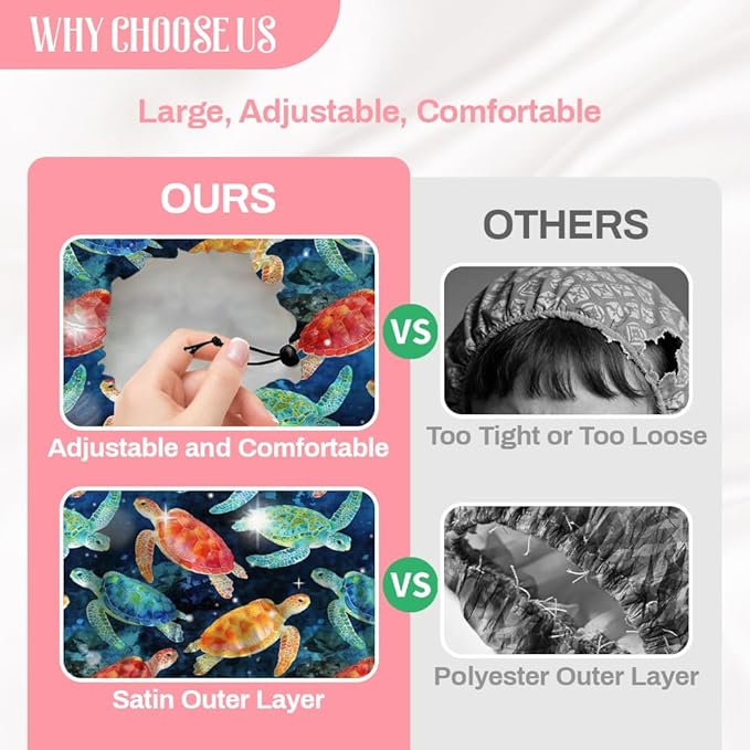 Sea Turtle Reusable Shower Cap Ocean Double Layer Waterproof Shower Caps Large Elastic Hair Cover Adjustable Hair - Drying Caps for Woman Man Bath SPA Travel One Size Fits Most