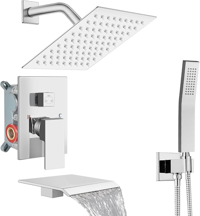 Midanya Shower System with Tub Spout,Bathtub Shower Faucet Set with Square Rainfall Head and Handheld Sprayer Wall Mount Tub Faucet Set with Valve and Trim Kit,8 Inch Polish Chrome