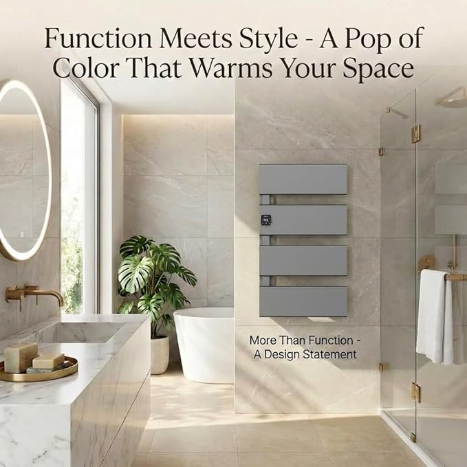 Electric Towel Warmer, Heated Towel Rack with Thermo Control and Timer, Fast Heating Towel Rail for Bathroom with Memroy Function, Work with Smart Plug, Left-Wiring, 4 Panel, Gun Gray