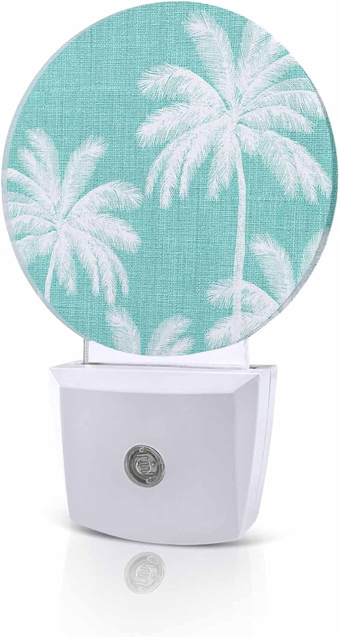 Night Lights Auto Sensor Tropical Palm Trees Night Light Teal Linen Coastal Round Lamp Plug-in LED Nightlights Dusk to Dawn for Living Room Bedroom Bathroom Hallway Wall Decor