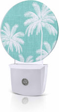 Night Lights Auto Sensor Tropical Palm Trees Night Light Teal Linen Coastal Round Lamp Plug-in LED Nightlights Dusk to Dawn for Living Room Bedroom Bathroom Hallway Wall Decor