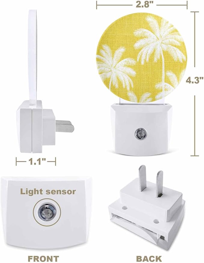 Night Lights Auto Sensor Tropical Palm Trees Night Light Yellow Linen Coastal Round Lamp Plug-in LED Nightlights Dusk to Dawn for Living Room Bedroom Bathroom Hallway Wall Decor