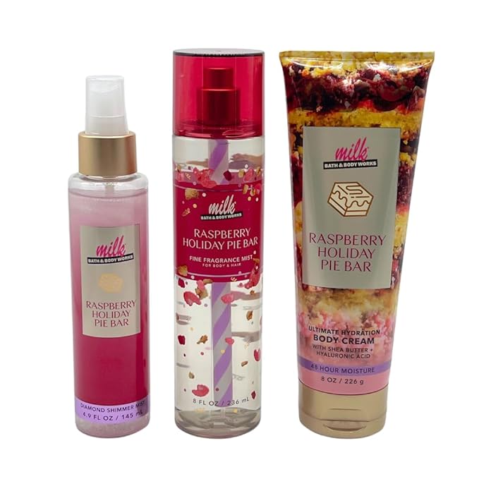 Bath & Body Works MILK Collections RASPBERRY HOLIDAY PIE BAR Diamond Shimmer Mist, Fine Fragrance Mist & Ultimate Hydration Body Cream 3pc bundle with a Red Bow for Holidays & Gifts