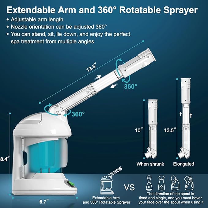 Facial Steamer - DENFANY Nano Ionic Face Steamer with Extendable 360° Rotating Arm - Portable Facial Steamer for Personal Care at Home or Salo (Blue)