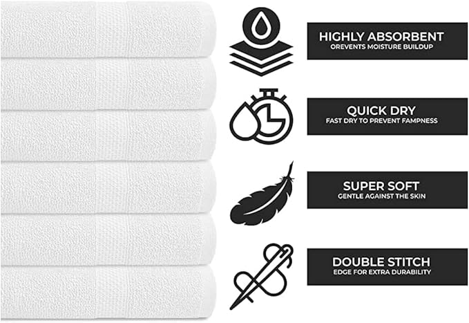 KAHAF COLLECTION 100% Cotton Bath Towel Set, White 24x48 Pack of 6 Towels, Quick Dry, Highly Absorbent, Soft Feel Towel, Gym, Spa, Bathroom, Shower, Pool, Luxury Soft Towels Light-Weight