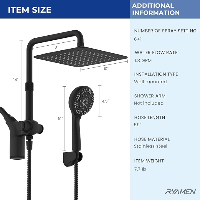 Ryamen Upgraded Dual Shower Heads Combo, 10 inch Filtered Shower Head with Handheld, 3-Way Rain Shower Head with Filters, 7 Settings Handheld Spray, High Pressure, Height Adjustable (Black)