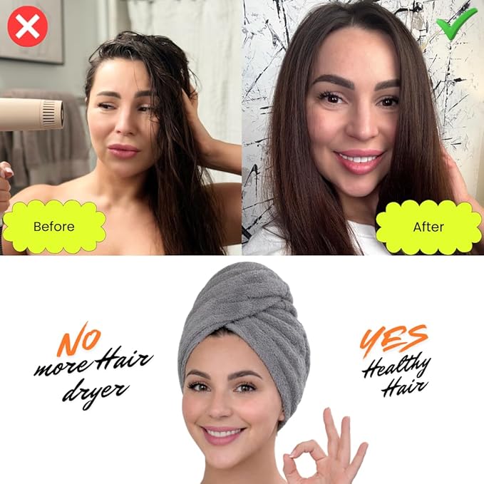 KELVO Microfiber Hair Towel Wrap for Women, 350 GSM Quick-Dry Hair Turban, Soft Anti-Frizz Towel for Curly, Long & Thick Hair, Lightweight Fast-Drying Head Wrap. (3 Gray (Solid, Stripes,Chess))