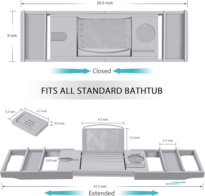 Bamboo Bathtub Caddy Tray (Non-Foldable, Gray)