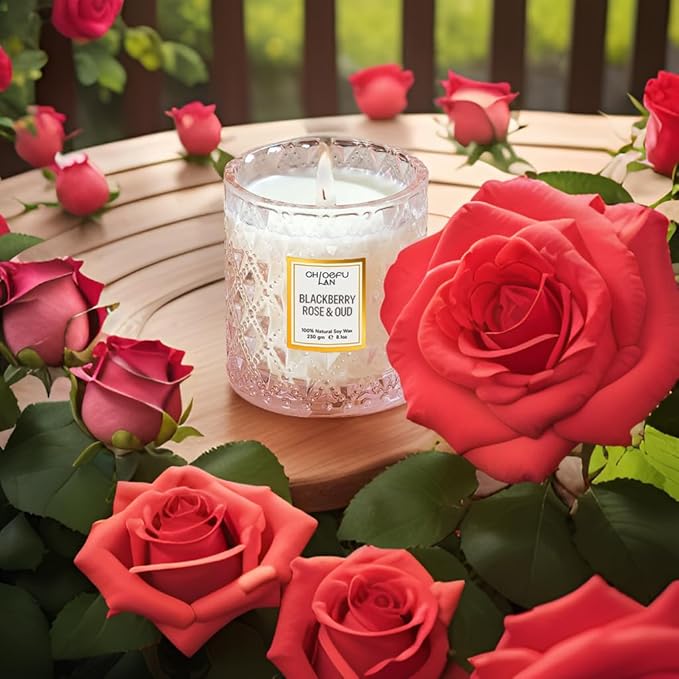 Chloefu LAN Rose Scented Candle, Oud Candle, Mothers Day Candles Gifts for Women, Pink Candles for Home Scented, 55 Hours Long Burning, 100% Natural Soy Wax
