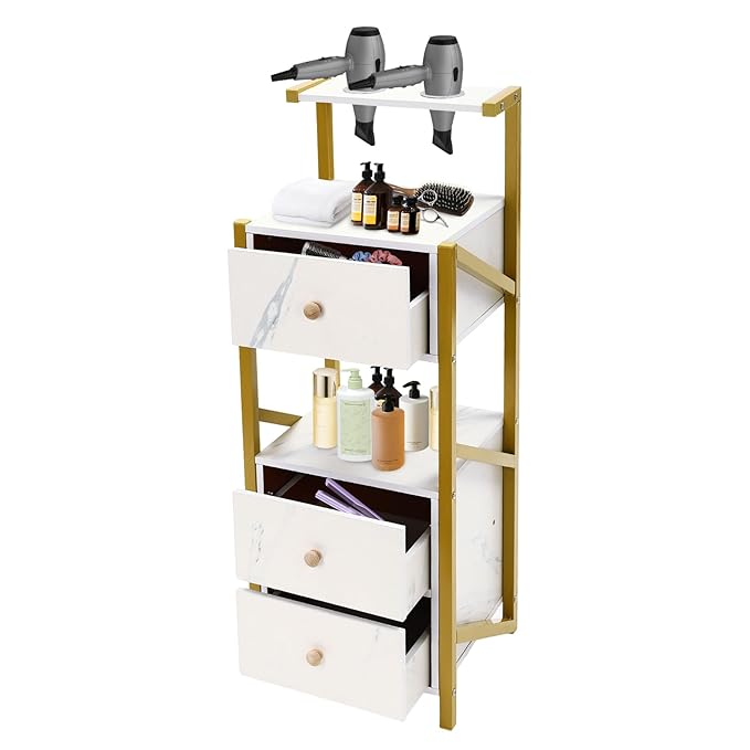 Beauty Salon Station Cabinet, Barber Station with 3 Drawer, Salon Organizer Storage Cabinet for Spa, Barber Store, Salon, Locker Room, Bathroom (Marble Color, Golden)