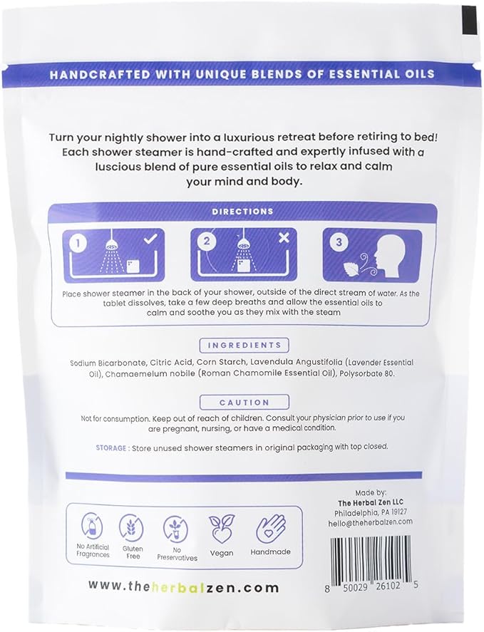 Sleepytime Lavender Shower Steamers Aromatherapy 10 Pack - Relaxing Shower Bombs with Pure Essential Oils for Relaxation and Unwinding - Spa Gifts for Women and Men - The Herbal Zen Dye-Free