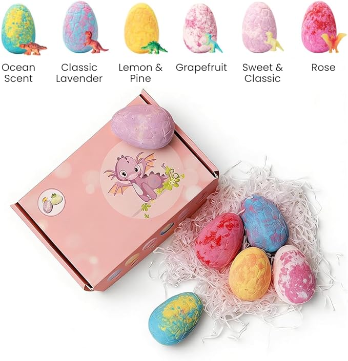 Bath Bombs with Surprise Inside, 6/12 Pack Fizzy Bubble Bath Gift Set, Dinosaur Egg & Ocean Theme Bath Fizzies, Natural Sea Salt Color Changing Spa Easter Bath Balls (Dinosaur Egg 6PC Pink Box)