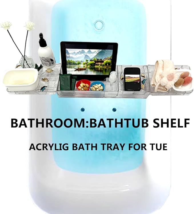 Large Capacity Adjustable Bath Tub Tray - Transparent Acrylic Rectangular Modern Bathroom Tray - Easy Clean, Sturdy Durability - Fits Most Bathtubs (Extended Edition)