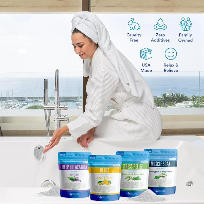 Bath Salts Sampler (4-Pack of 2-lbs) Variety Bath Soaks with Bamboo Scoop