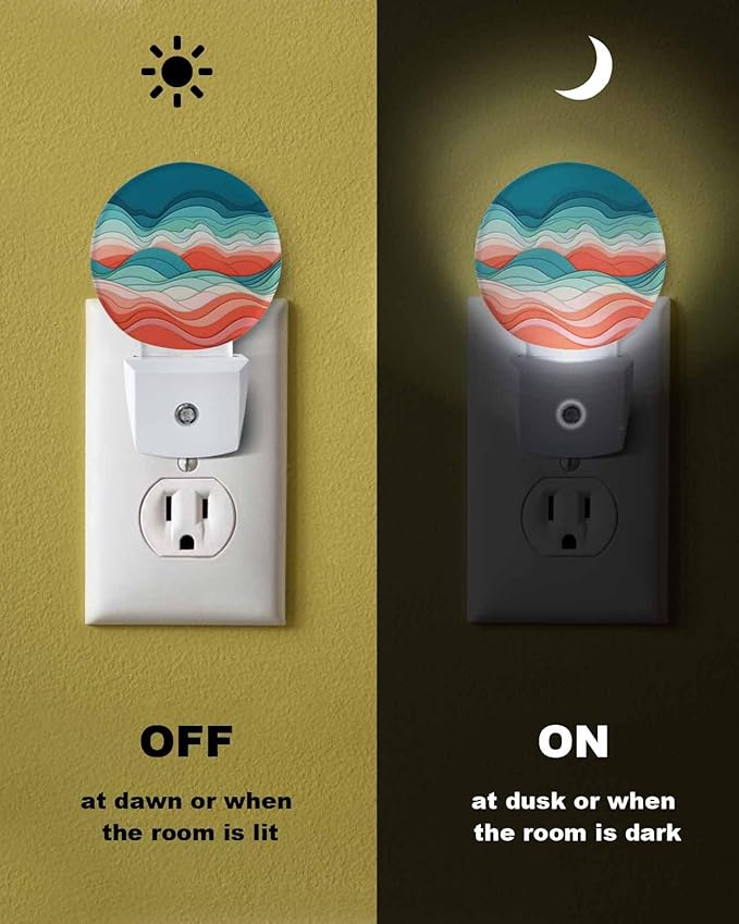 Night Lights Auto Sensor Ombre Turquoise Pink Night Light Abstract Mountain Waves Lines Round Lamp Plug-in LED Nightlights Dusk to Dawn for Living Room Bedroom Bathroom Hallway Wall Decor