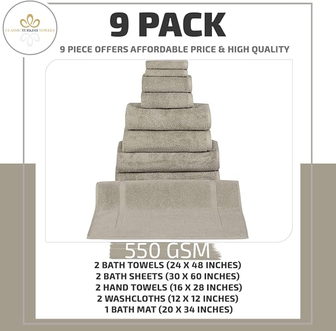 Classic Turkish Towels CTT Set of 9-100% Turkish Cotton, Absorbent & Comfy, Includes 2 Bath Towel 2 Hand Towel, 2 Washcloth, 2 Bathsheets & 1 Bath Mat | (Beige)