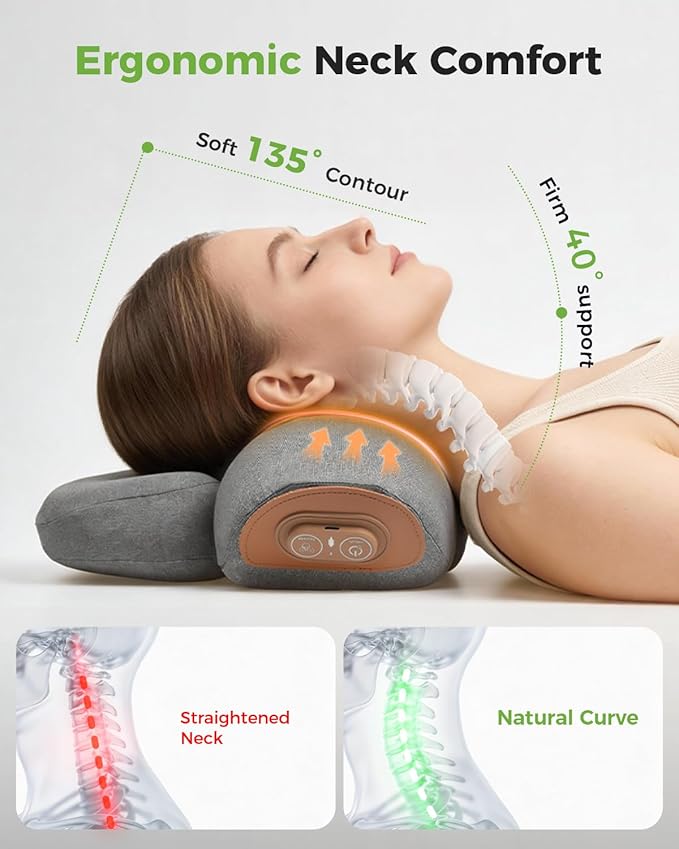 3-in-1 Neck Massager Pillow for Pain Relief Deep Tissue with Heat, Cordless & Rechargeable Massager with Traction for Neck Hump & Shoulder Comfort, Memory Foam Artuvate Pillow for Home Office Travel
