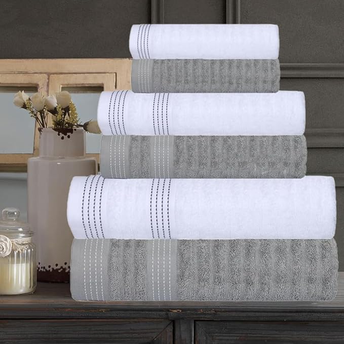 CASA COPENHAGEN Elegance 6Pcs 100% Egyptian Cotton Large Designer Towels Gift Set- Grey Violet-Pure White, 550GSM, 2Bath 2Hand 2Washcloths, Bath Towels for Bathroom Set for Women & Men