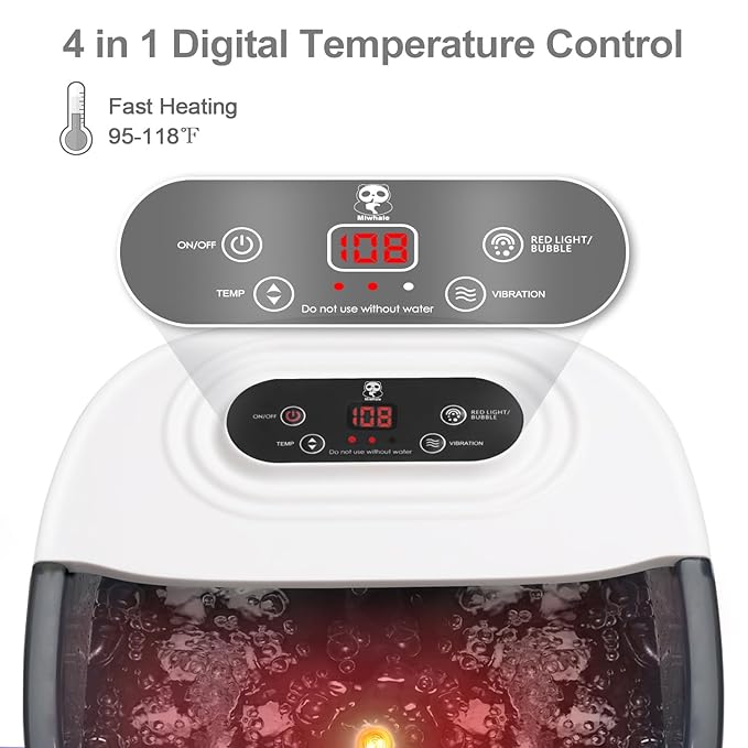 Foot Spa Bath Massager with Heat Bubbles and Vibration Massage and Jets, 16 OZ Calming Lavender Foot Soak Epsom Salt, Miwhale Foot Soaker with Red Light, 22 Massage Rollers, Adjustable Temp - Grey