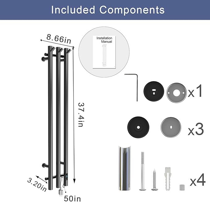 Electric Heated Towel Rack with Timer, Wall-Mounted Towel Warmer, 3 Vertical Bars, Plug-in or Hardwired, 37.4 Inch Height, Round Design (Black)