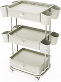 3 Tier Drawer Beauty Cart with 12 Movable Storage Organizer, Thickened ABS & 360° Wheels for Salon Station for Hair Stylist, Beauty Salon, Spa Massage Parlor, Makeup Organizer and More - Beige Gray