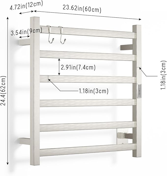 Wall Mounted Towel Warmer Square 6 Bars with Plug-in and Hardwired Options 3 Working Modes Mirror Polished Stainless Steel 24”W 34”H