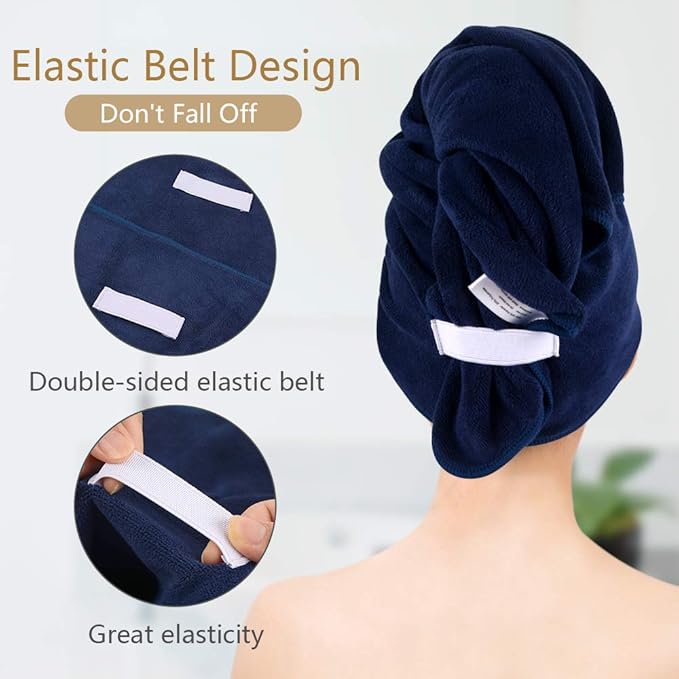 SUNLAND Microfiber Hair Towels Anti Frizz Hair Drying Towel Super Absorbent Fast Drying Turbans for Wet Curly Hair Soft Hair Towel Wrap with Elastic Band for All Hair Types 40 X 20 inches Navy Blue