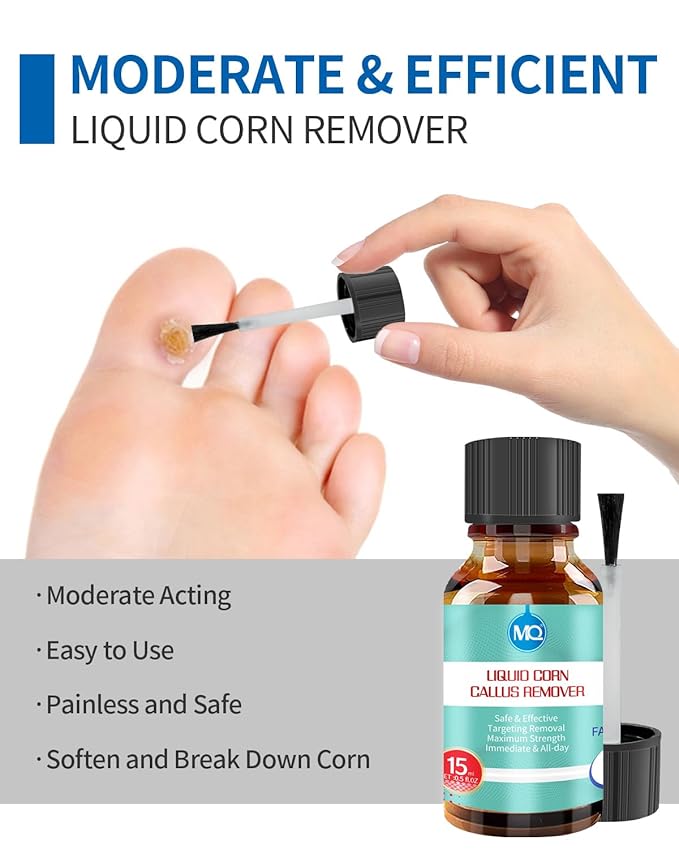 MQ Professional Corn & Callus Remover Liquid for Feet & Toes – Fast Acting for Corn Removal, Hard Skin & Dead Skin – Includes 15ML Solution + 15 Cushions + 10 Swabs – Effective Foot Care Solution