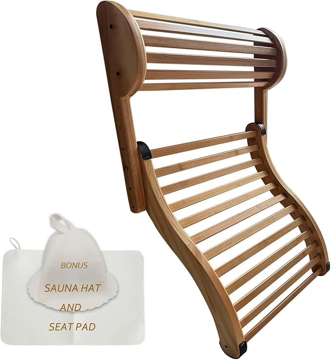Adjustable-Height Sauna Backrest with Neck Pillow – Natural Bamboo Build & Anti-Slip Rubber Pads, Single-Pack Sauna Accessory with Sauna Hat and Sauna Seat Pad