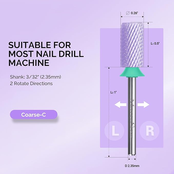MelodySusie Ceramic Nail Drill Bits, 3/32'' Chamfer Flat Top Large Barrel Bits, Fast Remove Acrylic or Hard Gel, Nail Tool for Manicure Pedicure, Salon Home, Professional or Beginner, Purple, Coarse
