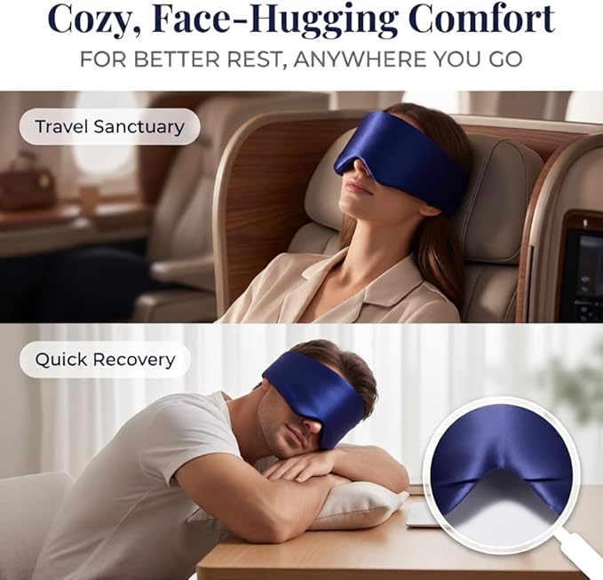 Silk Sleep Mask for Side Sleepers, Blackout Light Blocking Eye Mask for Sleeping, 100% 22 Momme Mulberry Silk, Full Coverage Face-Hugging Sleep Mask for Travel, Naps & Shift Workers, Blue