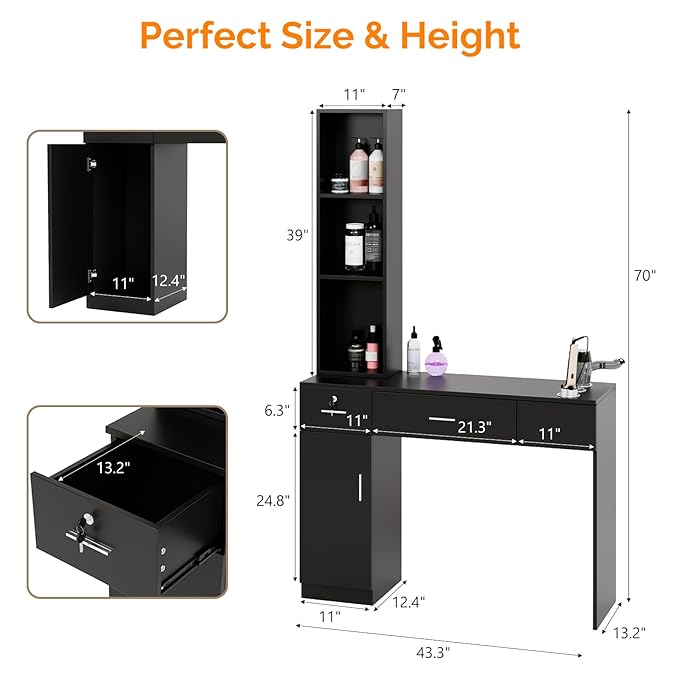 OmySalon Salon Stations for Hair Stylist, Locking Barber Station Organizer, Wall Mount Hair Styling Equipment with 2 Drawers, 1 Storage Cabinet, 3 Open Shelves, for Beauty Spa Hairdresser, Black
