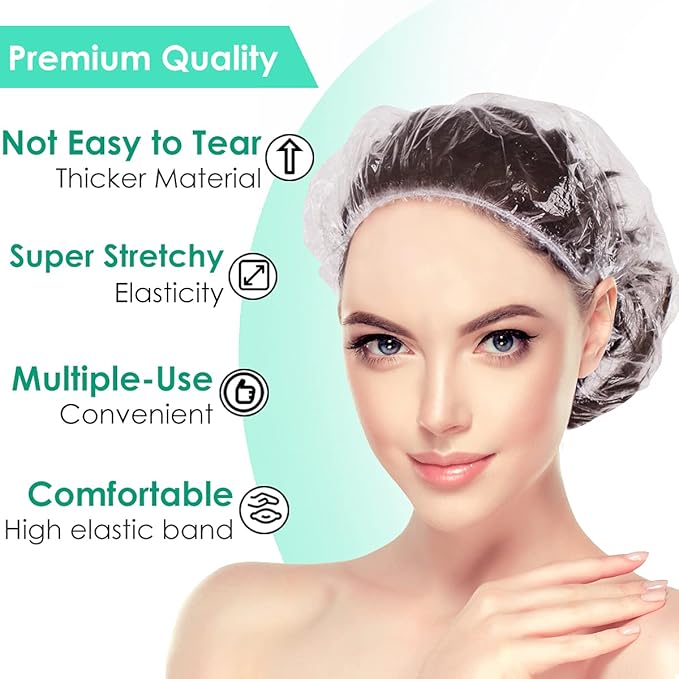 Keeygo Disposable Shower Caps 100 PCS Bath Caps Clear Waterproof Plastic Wraps for Women, Hotel Travel Essentials Accessories Hair Caps(20.5")