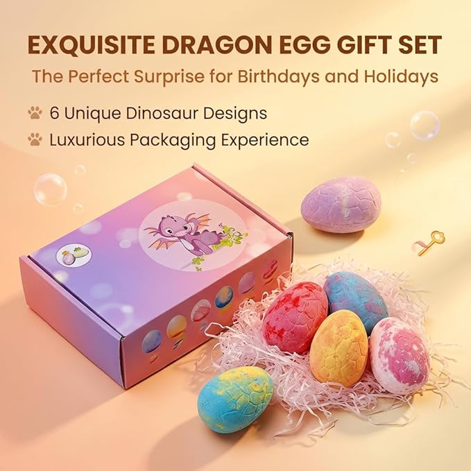 Bath Bombs with Surprise Inside, 6/12 Pack Fizzy Bubble Bath Gift Set, Dinosaur Egg & Ocean Theme Bath Fizzies, Natural Sea Salt Color Changing Spa Easter Bath Balls (Dinosaur Egg 6PC Pink Box)