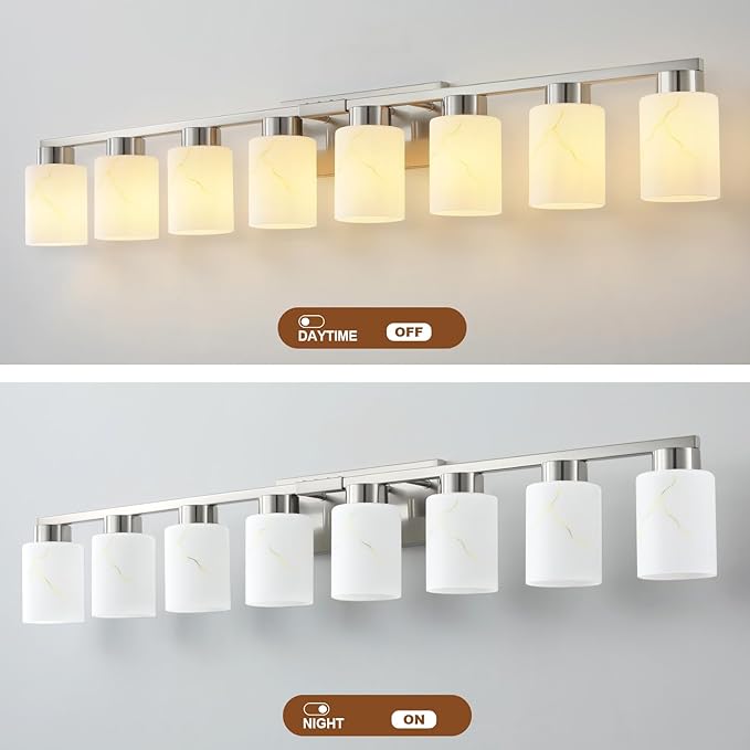 8-Light Bathroom Light Fixtures, Modern Vanity Lights, Brushed Nickel Metal Wall Lamp with White Marble Glass for Bathroom, Mirror, Living Room, Bedroom, Cabinet, Porch, Hallway, E26 Base