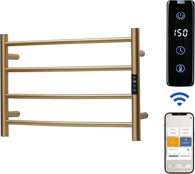 Electric Towel Rack with Voice Control for Alexa & Google Home,TUYA - Wall-Mounted Bathroom Heating Towel Warmer,Plug-in,Stainless Steel Material,16.54x23.62x5.51 in,Gold，4 Bars
