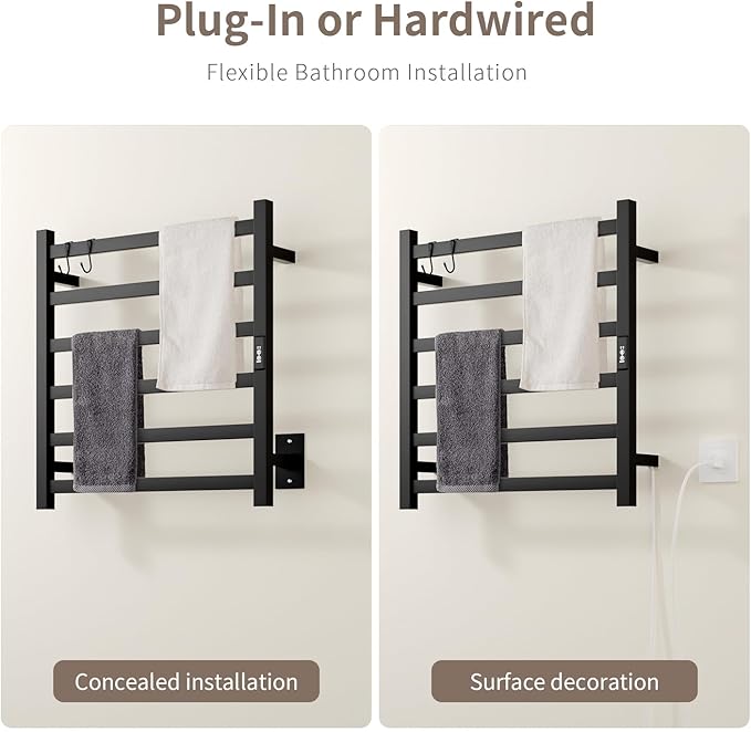 Wall Mounted Towel Warmer Square 6 Bars with Plug-in and Hardwired Options 3 Working Modes Black Stainless Steel 21" W 34" H