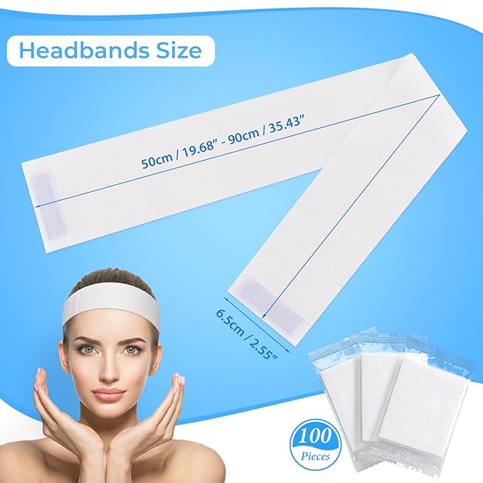 Noverlife 100PCS Disposable Spa Facial Headbands, Elastic Headband Wrap with Adjustable Magic Tape, Stretch Non-Woven Facial Bandeau, Soft Skin Care Essential Headband with Convenient Closure