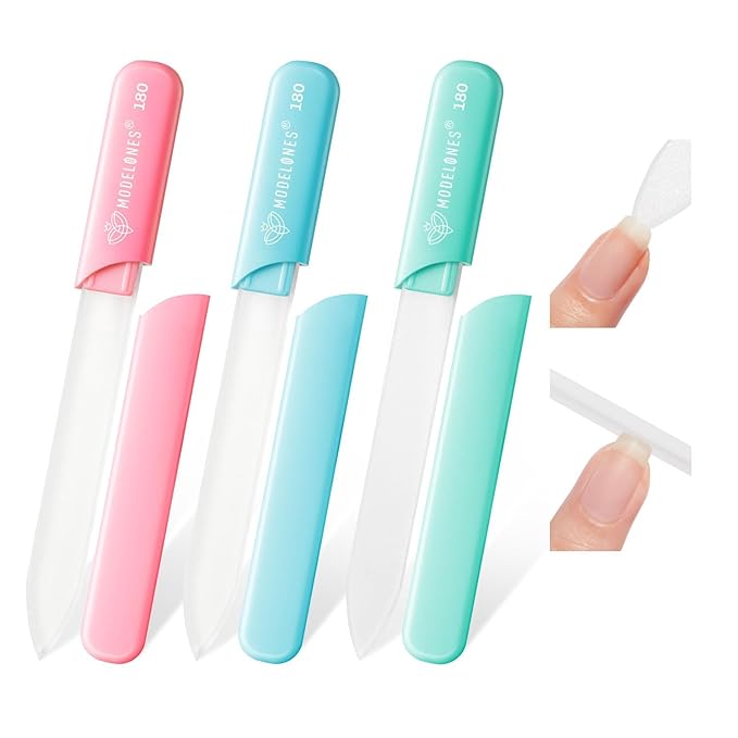 Modelones Glass Nail Files, 3 PCS Crystal Glass Nail Files with 180/240 Grit, Double-Sided Reusable Sandblasted Fingernail Buffers Nail Shaper & Smoother for Cuticle Remover Home Manicure
