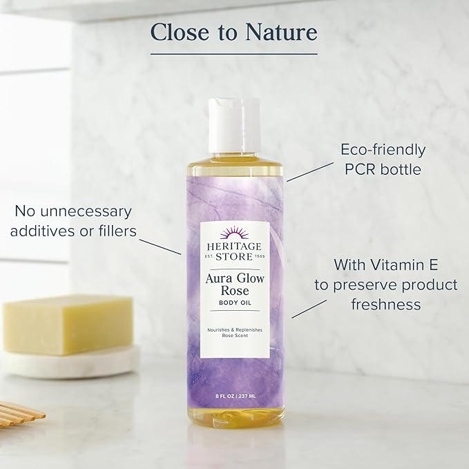 HERITAGE STORE Aura Glow Rose Body Oil, Luxurious Body Moisturizer for Dry Skin, Massage Oil, Bath and Shower Oil, Carrier Oil for Essential Oils and Aromatherapy, Rose Scent, 60-Day Guarantee, 8oz