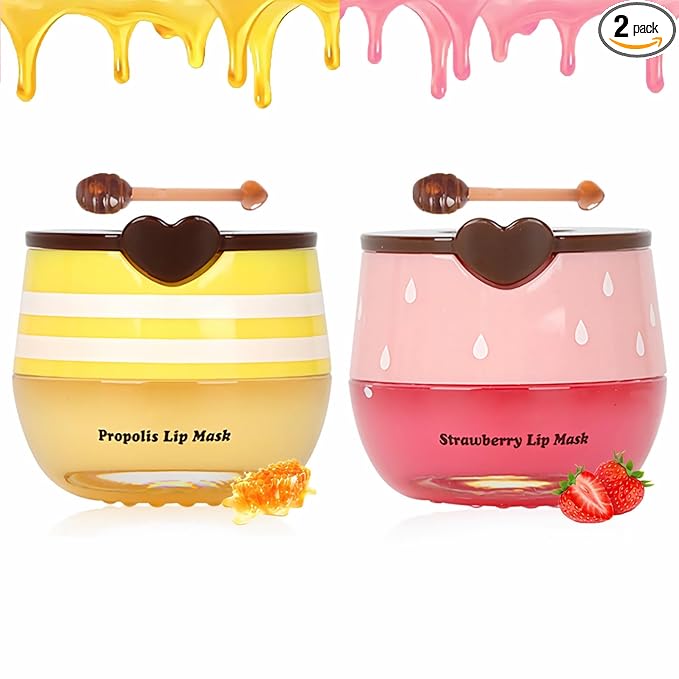 2 PCS Bee Lip Balm Lip Mask Honey Pot, Honey & Strawberry Lip Mask Propolis Moisturizing Lip Balm, Hydrating Prevention Dry & Cracked, Mothers Day Gifts, Teacher Appreciation Gifts, Party Favors