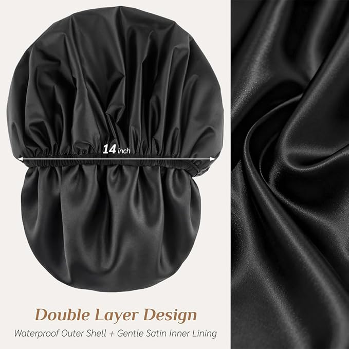 Extra Large Waterproof Shower Cap for Women, Double Layer Satin Lined Hair Bonnet for Curly Hair, Reusable Bath Cap with Elastic Edge for Long Thick Hair (Black)