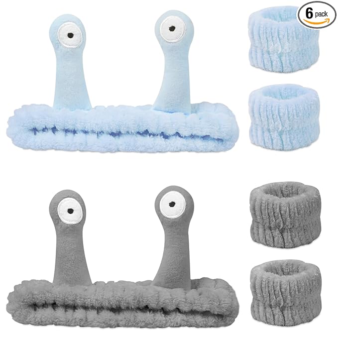 Snail Face Wash Headband Skincare & Wrist Bands for Washing Face Set Cute Spa Headband for Women and Wrist Faces Wash Bands for Shower, Facial Cleaning, Soft Coral Fleece Makeup Headbands,Blue ＆ Gray