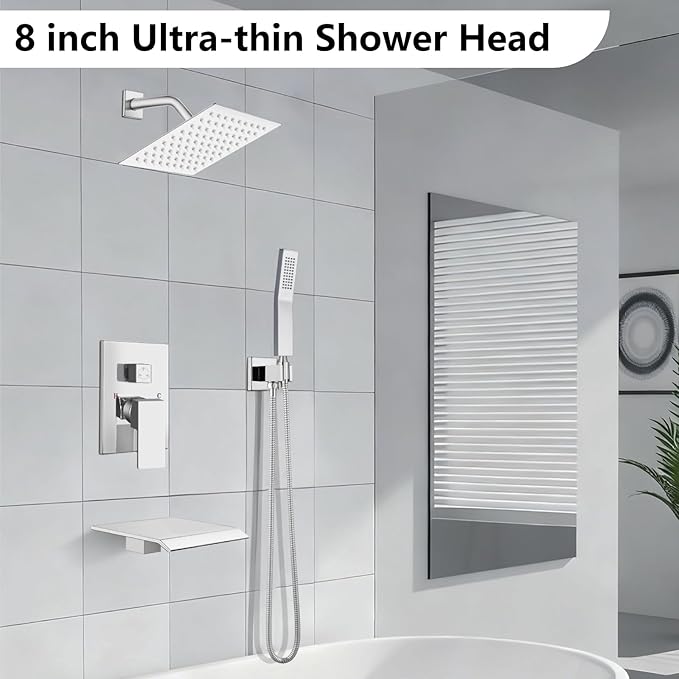 Midanya Shower System with Tub Spout,Bathtub Shower Faucet Set with Square Rainfall Head and Handheld Sprayer Wall Mount Tub Faucet Set with Valve and Trim Kit,8 Inch Polish Chrome